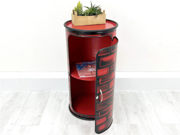 "Vinc" Barschrank in Backstein Optik mit Schließbarer Tür und 2 großen Fächern – Upcycling Ölfassmöbel