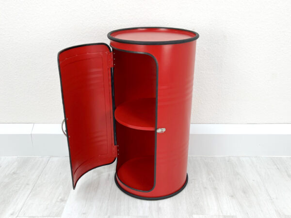 Seitenansicht "Vinc" Ölfass Barschrank in Rot – Upcycling Möbel