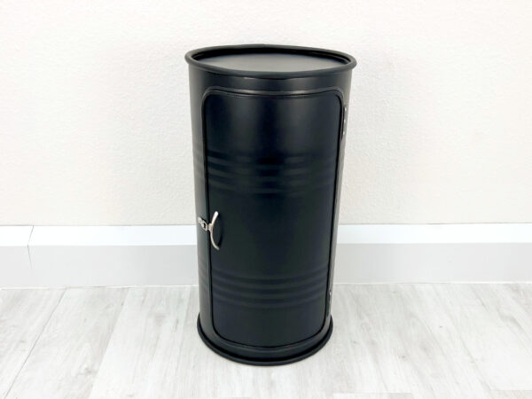 "Vinc" Ölfass Barschrank in Schwarz mit Schließbarer Tür und 2 großen Fächern – Upcycling Möbel
