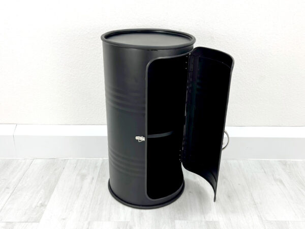 Seitenansicht "Vinc" Ölfass Barschrank in Schwarz – Upcycling Möbel