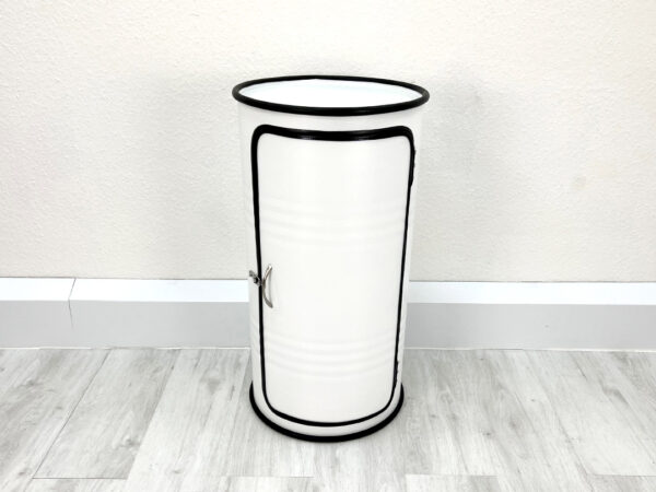 Weißer "Vinc" Ölfass Barschrank mit Schließbarer Tür und 2 großen Fächern – Upcycling Möbel