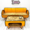 Gelbes XXL Upcycling Ölfassmöbel Sofa "Jane" mit passendem Couchtisch "Nele" – nachhaltiger Retro-Look