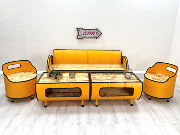 Gelbe Sitzgruppe: XXL Upcycling Ölfassmöbel Sofa "Jane", Sessel "Lou" und Couchtisch "Nele"